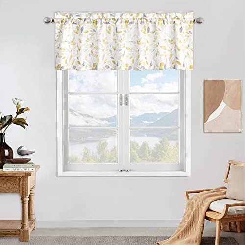 LuxFocus Scheibengardine Halbtransparent Kurzvorhang Fenster Volant Kurzstores Landhausstil Bunter Blattdruck Küche Gardine mit Tunnelzug Bistrogardine Gelb 1 Stück B 132 cm x H 38 cm von LuxFocus