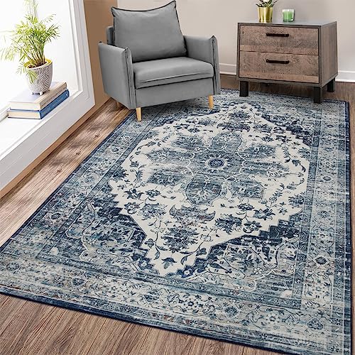 LuxFocus Orientalischer Stil, waschbarer Vintage-Teppich, 120 x 170 cm, rutschfest, traditionell, schmutzabweisend, für den Innenbereich, für Wohnzimmer, Schlafzimmer, Zuhause, Büro, Blau von LuxFocus