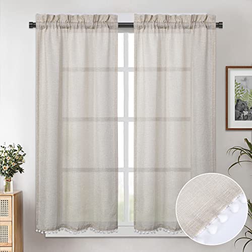 LuxFocus Scheibengardinen 2er Set Kurzgardine Landhausstil Transparent Fenstervorhänge Kurz mit Quaste Kurzstores Leinenoptik Stangendurchzug Beige BxH 69x114 cm*2 von LuxFocus