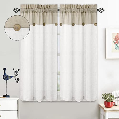 LuxFocus Scheibengardinen 2er Set Patchwork Kleine Vorhänge mit Knöpfen Deko Halbe Kurzstores Luftige Bistrogardinen Leinenoptik 2 x B 69 cm x H 114cm, Beige von LuxFocus
