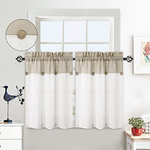 LuxFocus Scheibengardinen 2er Set Patchwork Kleine Vorhänge mit Knöpfen Deko Halbe Kurzstores Luftige Bistrogardinen Leinenoptik 2 x B 69 cm x H 91cm, Beige von LuxFocus