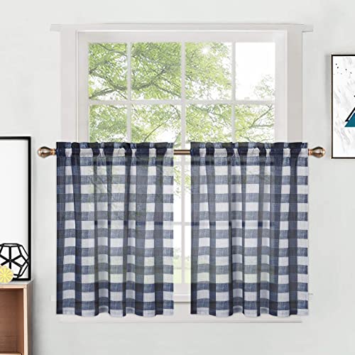 LuxFocus Scheibengardinen Transparent mit Tunnelzug Kurzstores Vintage 2er Set Küchenvorhänge Gardinen Modern Gingham Muster Bistrogardine Dekoschals Blau Breite66 * Höhe61 cm von LuxFocus