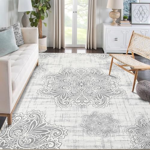 LuxFocus Teppich Grau für Wohnzimmer Floral Teppich Maschinenwaschbar Vintage Bodenmatte mit Kurzflor rutschfest Schmutzabweisend Großer Innen-Teppich Hellgrau 200x290 cm von LuxFocus