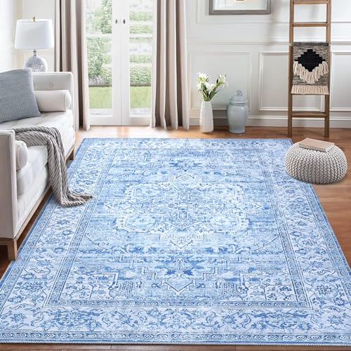 LuxFocus Teppich Vintage Blau-Weiß Teppich rutschfest Waschbarer Verwischt Design Teppiche für Schlafzimmer Wohnzimmer Bodenmatte Kurzflor Bordüre Ornamental, Blau 120x170 cm von LuxFocus