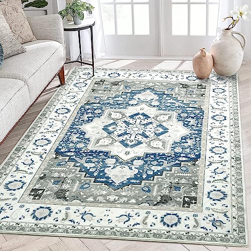 LuxFocus Teppiche Wohnzimmer Großer Teppich Blau 160x230 cm Traditionell Floral Teppich Maschinenwaschbar Orientalisches Design Bodenmatte mit Kurzflor für Schlafzimmer Schmutzabweisend von LuxFocus