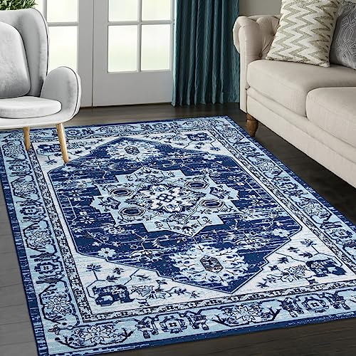 LuxFocus Teppiche Wohnzimmer Rutschfester Teppich Moderner Blumenteppich Maschinenwaschbarer Teppich Orientalisches Design Bodenmatte mit Kurzflor für Schlafzimmer Weiß-Blau 120x170 cm von LuxFocus