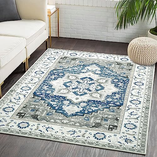 LuxFocus Teppiche Wohnzimmer Rutschfester Teppich Vintage Blumenteppich Maschinenwaschbarer Teppich Orientalisches Design Bodenmatte mit Kurzflor für Schlafzimmer Beige-Blau 120x170 cm von LuxFocus