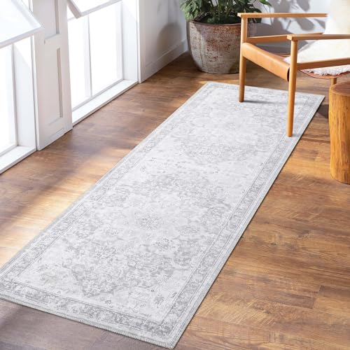 LuxFocus Vintage Läuferteppich Oriental Teppich rutschfest Blumenmuster Teppich Läufer für Flur Waschbarer Faltbarer Küchenläufer im Used Look 60x230 cm Grau von LuxFocus