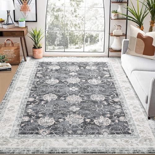 LuxFocus Waschbarer Teppich für Wohnzimmer, 120 x 170 cm Orientalischer Anti Rutsch Teppich Used Look Niedriger Flor Retro Vintage Bereichsteppich für Schlafzimmer Esszimmer Heimbüro, Dunkelgrau von LuxFocus