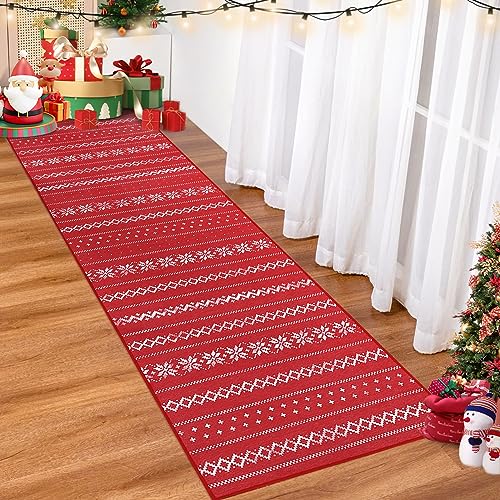 LuxFocus Weihnachten Läufer Bereich Teppich für Flur Rot Weihnachtsdeko Kücheläufer Teppich Waschbar Bodenteppich für Esszimmer rutschfest Küchenmatte Weiß Blumenmuster 60x230cm von LuxFocus