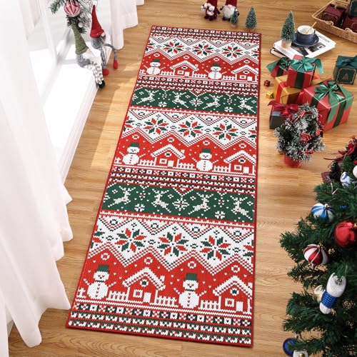 LuxFocus Weihnachtsteppich Roter Schneemann, Läufer für Schlafzimmer und Wohnzimmer, Weich rutschfest Waschbar Innenmatte Weihnachtsdeko Waschküche Esszimmer Bodenteppich, 60 x 180 cm von LuxFocus