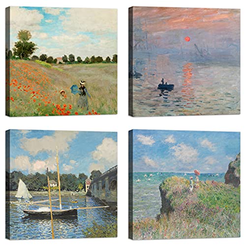 LuxHomeDecor Bilder Claude Monet 4 Stück 30 x 30 cm, Druck auf Leinwand mit Rahmen aus Holz, Möbelkunst von LuxHomeDecor