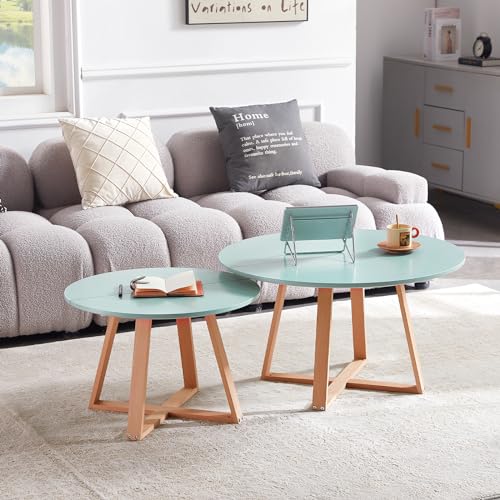 LuxNook Set mit 2 runden Couchtischen, 2-in-1-Kombination nordischer Tischplatte mit Dichte und Holz, geeignet für Wohnzimmer, Schlafzimmer, Mintgrün von LuxNook