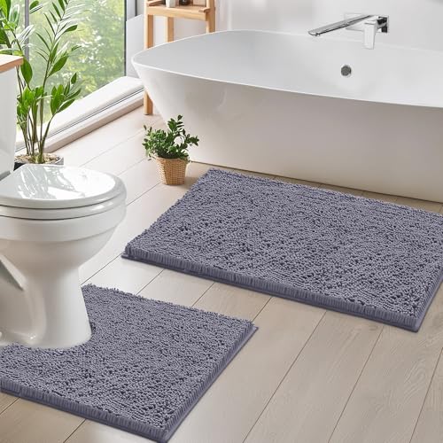 Badezimmerteppich Set 2 Teilig Luxus Chenille Badematte Set, Weiche Plüsch Anti-Rutsch-Bad Teppich + Toilettenmatte.1 '' Mikrofaser Zotteligen Teppich, Super Saugfähig (Curved Set, Dark Gray) von LuxUrux