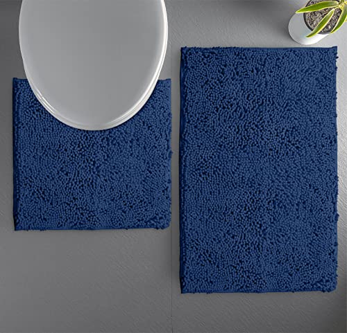 LuxUrux Bad Teppiche Luxus Chenille (2-Teilig) Badematte Set, Weiche Plüsch Anti-Rutsch-Bad Teppich + Toilettenmatte.1 '' Mikrofaser Zotteligen Teppich, Super Saugfähig |Blau|Gebogener Satz von LuxUrux