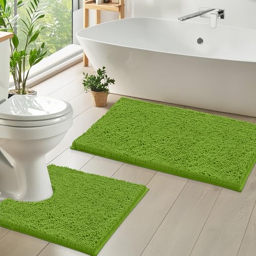 LuxUrux Bad Teppiche Luxus Chenille (2-Teilig) Badematte Set, Weiche Plüsch Anti-Rutsch-Bad Teppich + Toilettenmatte.1 '' Mikrofaser Zotteligen Teppich, Super Saugfähig |Grün|Gebogener Satz von LuxUrux