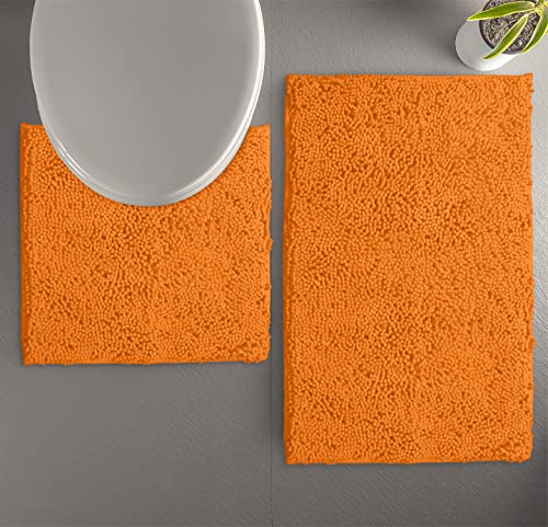 LuxUrux Bad Teppiche Luxus Chenille (2-Teilig) Badematte Set, Weiche Plüsch Anti-Rutsch-Bad Teppich + Toilettenmatte.1 '' Mikrofaser Zotteligen Teppich, Super Saugfähig |Orange|Gebogener Satz von LuxUrux