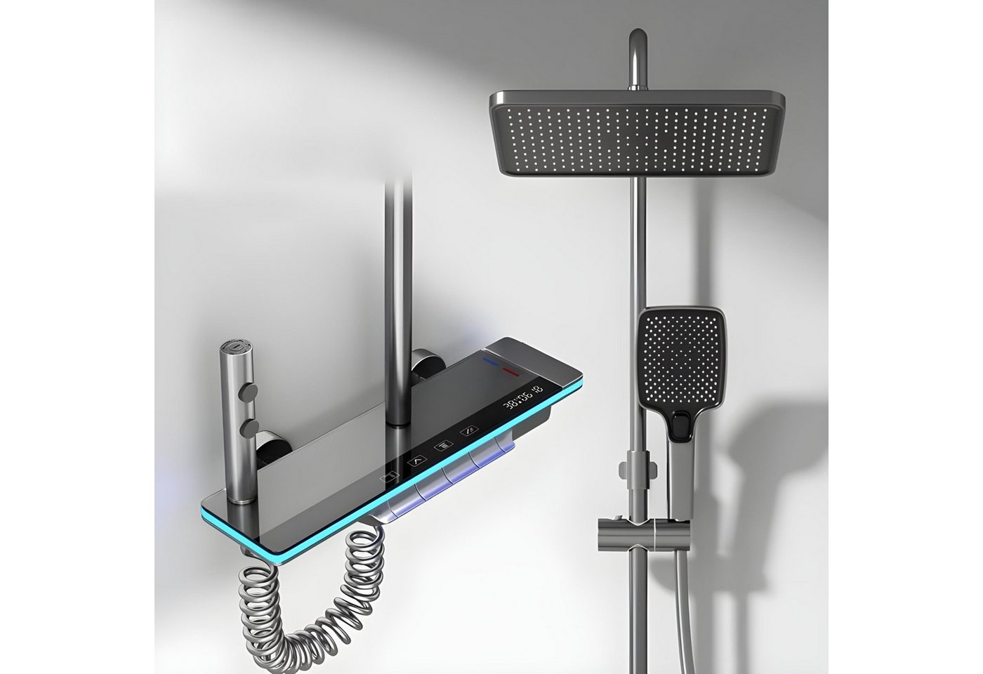 LuxaSteel Duscharmatur Duschsystem Regendusche mit Thermostat (Komplettset) smarte Regendusche mit Wasserfall, LED-Beleuchtung & LED-Display von LuxaSteel