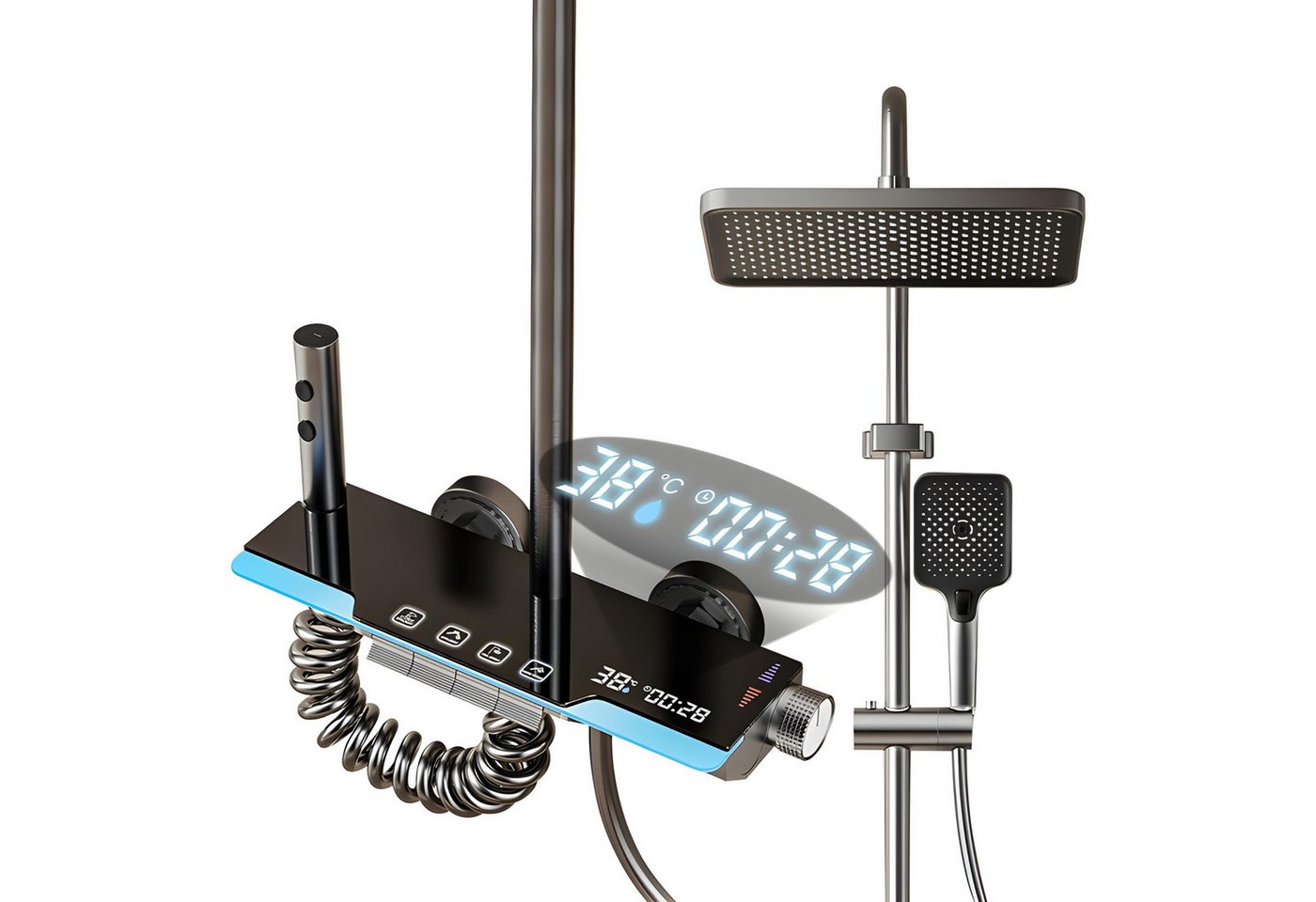 LuxaSteel Duscharmatur Duschsystem mit LED Display & Thermostat – Regendusche Set (Komplettset) Mit Wasseerfallauslass, zwei Handbrausen, LED-Beleuchtung & Display von LuxaSteel