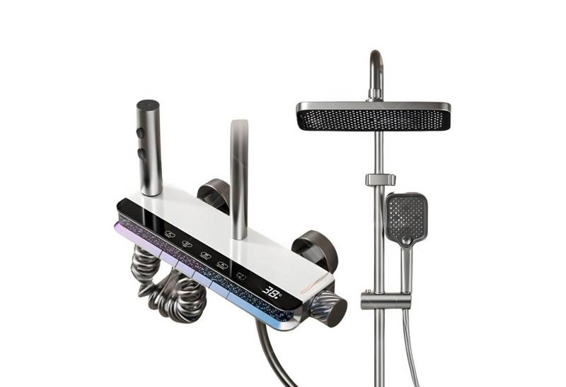 LuxaSteel Duscharmatur Thermostat Duschsystem grau – 4-in-1 Duschpaneel mit LED Beleuchtung (Komplettset) mit LED-Beleuchtung & Temperaturanzeige von LuxaSteel
