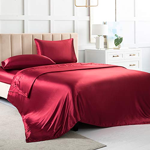 Luxbedding Satin-Bettwäsche-Set für Queen-Size-Betten, rote Seiden-Bettlaken, 4-teiliges weiches Bettwäsche-Set mit 1 tiefen Spannbetttuch, 1 Bettlaken, 2 Kissenbezüge von Luxbedding