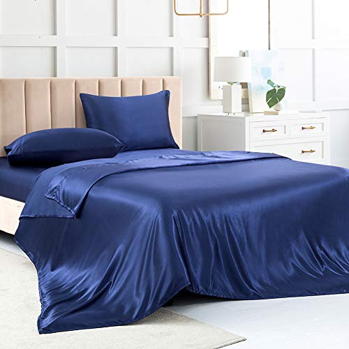 Luxbedding Satin-Bettlaken, Doppelbettgröße, Marineblau, 4-teiliges seidiges Bettlaken-Set mit 1 tiefen Spannbetttuch, 1 Bettlaken, 2 Kissenbezüge von Luxbedding