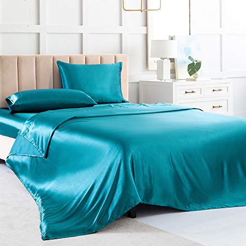 Satin-Bettlaken-Sets in voller Größe, Blaugrün, 4-teiliges weiches Bettwäsche-Set mit 1 tiefen Spannbetttuch, 1 Bettlaken, 2 Kissenbezüge von Luxbedding