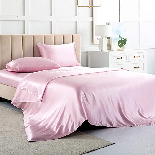Satin-Bettlaken California King Size Bettlaken-Set, rosa Seiden-Bettlaken, 4-teiliges weiches Bettwäsche-Set mit 1 tiefen Taschen, 1 Bettlaken, 2 Kissenbezüge von Luxbedding