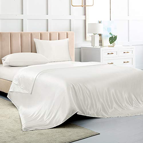 Luxbedding Satin-Bettwäsche-Sets in voller Größe, weiße Seidentücher, 4-teilig, weiches Bettwäsche-Set mit 1 tiefen Spannbettlaken, 1 Bettlaken, 2 Kissenbezügen von Luxbedding