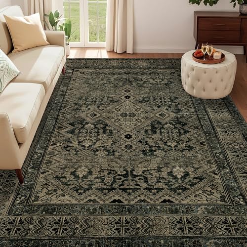 Boho-Teppich für Wohnzimmer, waschbar, Vintage-Teppiche für Schlafzimmer, weich, rutschfest, dünn, schmutzabweisend, für Esszimmer, Innenbereich, Dunkelgrün Boho-Teppich für Wohnzimmer, waschbar, Vintage-Teppiche für Schlafzimmer, weich, rutschfest, dünn, schmutzabweisend, für Esszimmer, Innenbereich, Dunkelgrün von Luxcrest