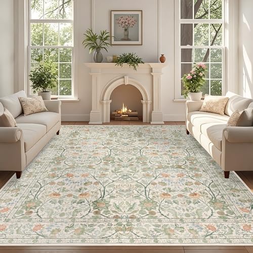 Luxcrest Beigefarbener Teppich mit Vintage-Blumenmuster, waschbar, für Wohnzimmer, Schlafzimmer, Esszimmer, unter Küchentisch, Büro, weich, rutschfest, schmutzabweisend, niedriger Florteppich für den Luxcrest Beigefarbener Teppich mit Vintage-Blumenmuster, waschbar, für Wohnzimmer, Schlafzimmer, Esszimmer, unter Küchentisch, Büro, weich, rutschfest, schmutzabweisend, niedriger Florteppich für den von Luxcrest
