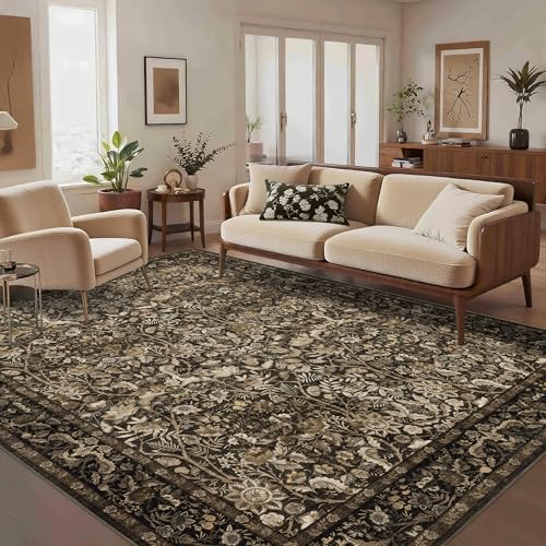 Luxcrest Brauner Teppich mit Blumenmuster, waschbar, für Wohnzimmer, Schlafzimmer, Esszimmer, unter Küchentisch, Büro, weich, rutschfest, schmutzabweisend, niedriger Florteppich für den Innenbereich von Luxcrest