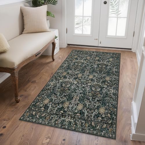 Luxcrest Grüner Teppich mit Blumenmuster, waschbar, für Eingangsbereich, Küche, Schlafzimmer, Innenbereich, rutschfest, schmutzabweisend, dünn, niedriger Flor, Dunkelgrün Luxcrest Grüner Teppich mit Blumenmuster, waschbar, für Eingangsbereich, Küche, Schlafzimmer, Innenbereich, rutschfest, schmutzabweisend, dünn, niedriger Flor, Dunkelgrün von Luxcrest