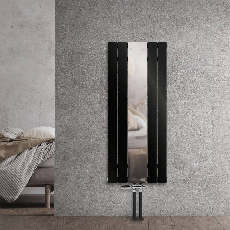 LuxeBath Badheizkörper mit Spiegel 120x45cm Schwarz Bodenanschlussgarnitur Durch von LuxeBath