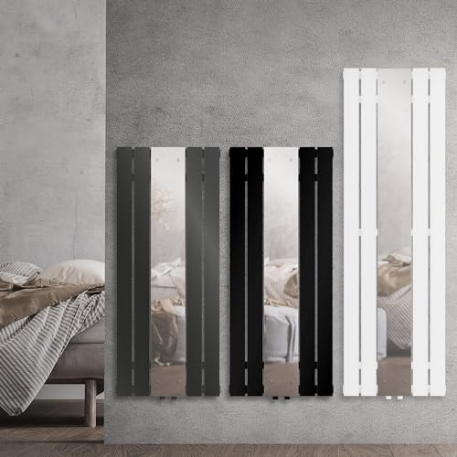 LuxeBath Badheizkörper mit Spiegel Mittelanschluss 1200x450 mm Anthrazit Bodenanschlussgarnitur Durchgangsform Multiblock Thermostat Design Paneelheizkörper Vertikal Spiegelheizkörper Glasheizkörper von LuxeBath
