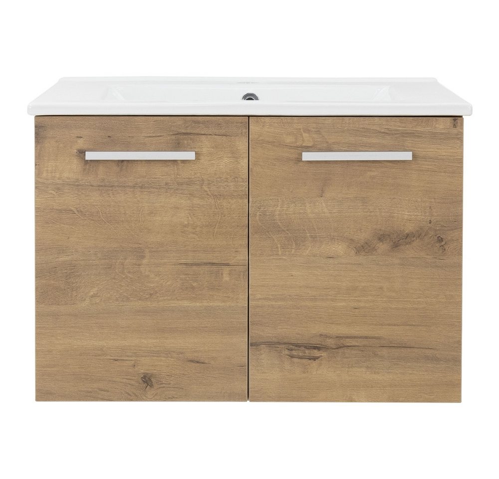 LuxeBath Badmöbel-Set Badmöbel Unterschrank Waschbecken Badezimmermöbel Badmöbel, (Komplett-Set), 2-teilig 59x46,5x42cm MDF Roteiche Keramik Weiß modern von LuxeBath
