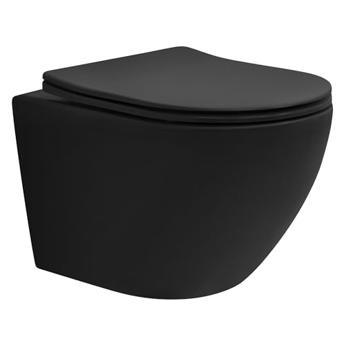 LuxeBath Hänge-WC kurz, spülrandlos, schwarz matt, Wand-WC mit WC-Sitz abnehmbar aus Duroplast Softclose Absenkautomatik, Tiefspüler kurze Ausladung 49 cm, Toilette aus Sanitärkeramik, Tiefspül-WC LuxeBath Hänge-WC kurz, spülrandlos, schwarz matt, Wand-WC mit WC-Sitz abnehmbar aus Duroplast Softclose Absenkautomatik, Tiefspüler kurze Ausladung 49 cm, Toilette aus Sanitärkeramik, Tiefspül-WC von LuxeBath