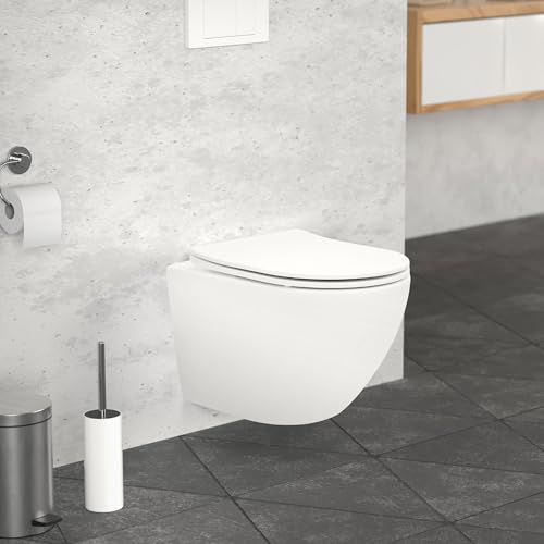 LuxeBath Spülrandloses Hänge WC weiß matt mit abnehmbaren WC-Sitz aus Duroplast Softclose Absenkautomatik, Wand-WC Tiefspüler kurze Ausladung 49cm, Design Toilette aus Sanitärkeramik, Tiefspül-WC von LuxeBath