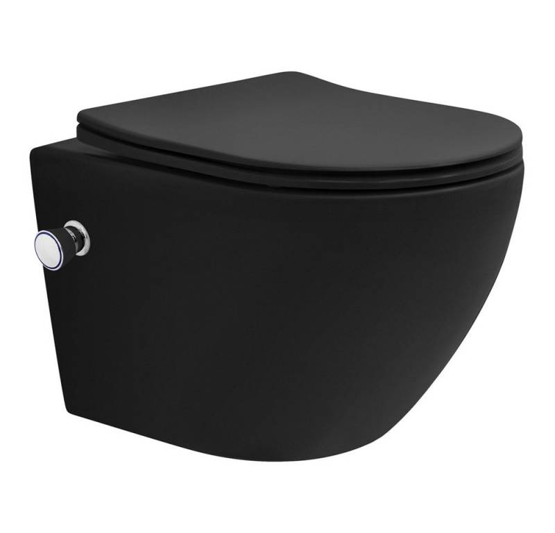 LuxeBath Tiefspül-WC Spülrandloses Wand Hänge WC aus Keramik mit WC-Sitz Absenkautomatik, Toilette kurz Schwarz mit Bidet-Funktion & Nano Beschichtung von LuxeBath