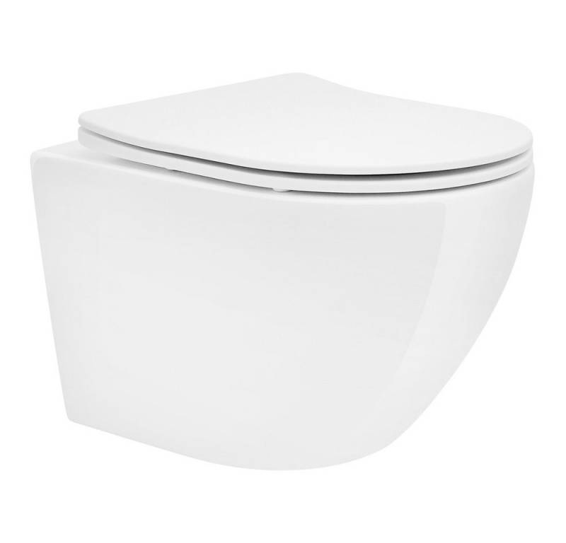LuxeBath Tiefspül-WC Spülrandloses Hänge WC aus Keramik, mit WC-Sitz Absenkautomatik, Toilette kurz ohne Spülrand mit Nano Beschichtung Tornadospülung von LuxeBath