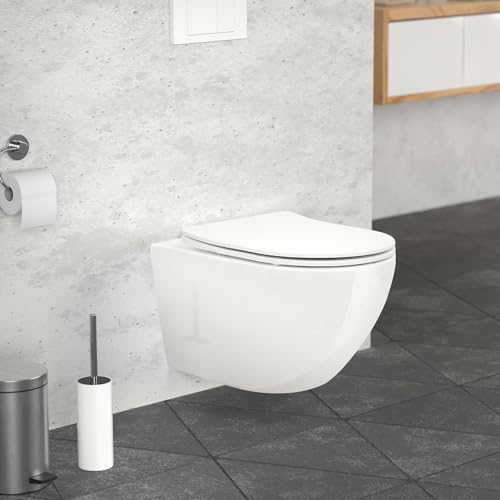 LuxeBath Wand WC Spülrandlos, Weiß, Tiefspüler Keramik Hänge WC lang 53,5 cm, Toilette ohne Spülrand mit Softclose-Klodeckel, Tornadospülung, Glänzende Kloschüssel Hängend mit WC-Sitz Absenkautomatik von LuxeBath