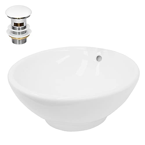 LuxeBath Waschbecken Keramik, Weiß, Ø 420x170 mm rund mit Ablaufgarnitur Weiß, Aufsatzwaschbecken mit Überlauf, Aufsatzbecken Aufsatzwaschtisch Waschschale Waschplatz Handwaschbecken für Badezimmer von LuxeBath