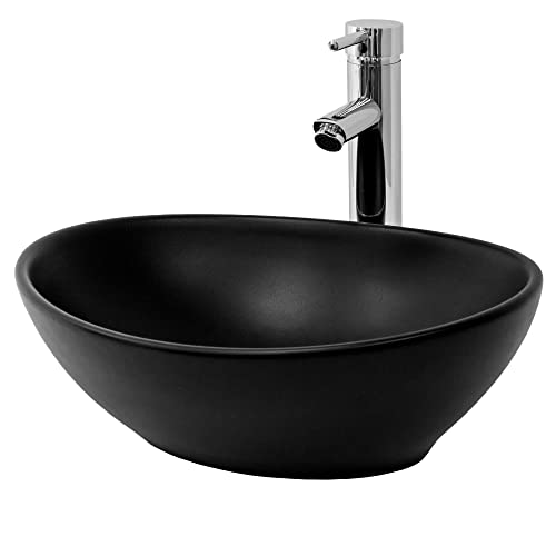 LuxeBath Waschbecken Keramik 410x335x145 mm, oval, Schwarz, Aufsatzwaschbecken für Badezimmer und Gäste-WC, Aufsatzbecken im modernen Design, Waschtisch Waschschale Waschplatz Handwaschbecken Becken von LuxeBath