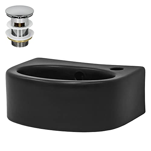 LuxeBath Waschbecken Keramik Schwarz 355x255x130 mm mit Ablaufgarnitur Silber, Aufsatzwaschbecken mit Überlauf, Aufsatzbecken Aufsatzwaschtisch Waschschale Waschplatz Handwaschbecken für Badezimmer von LuxeBath