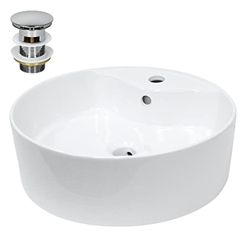 LuxeBath Waschbecken Keramik Weiß Ø 460x155 mm rund mit Ablaufgarnitur Silber, Aufsatzwaschbecken mit Überlauf, Aufsatzbecken Aufsatzwaschtisch Waschschale Waschplatz Handwaschbecken für Badezimmer von LuxeBath