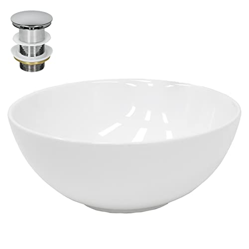LuxeBath Waschbecken Keramik rund Ø 320 x 135 mm Weiß mit Ablaufgarnitur Silber, Aufsatzwaschbecken für Badezimmer/Gäste-WC, Modernes Aufsatzbecken, Waschtisch Waschschale Waschplatz Handwaschbecken von LuxeBath