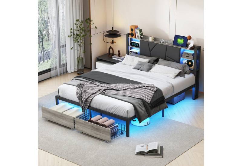 PXloue Metallbett Polsterbett Doppelbett Holzbett, mit LED-Beleuchtung und USB/Type-C Anschlüssen, 140x200 cm von PXloue