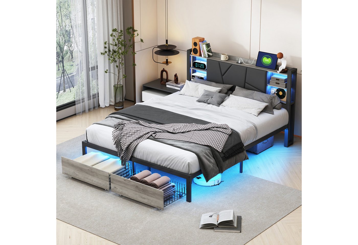 PXloue Metallbett Polsterbett Doppelbett Holzbett, mit LED-Beleuchtung und USB/Type-C Anschlüssen, 160x200 cm PXloue Metallbett Polsterbett Doppelbett Holzbett, mit LED-Beleuchtung und USB/Type-C Anschlüssen, 160x200 cm von PXloue