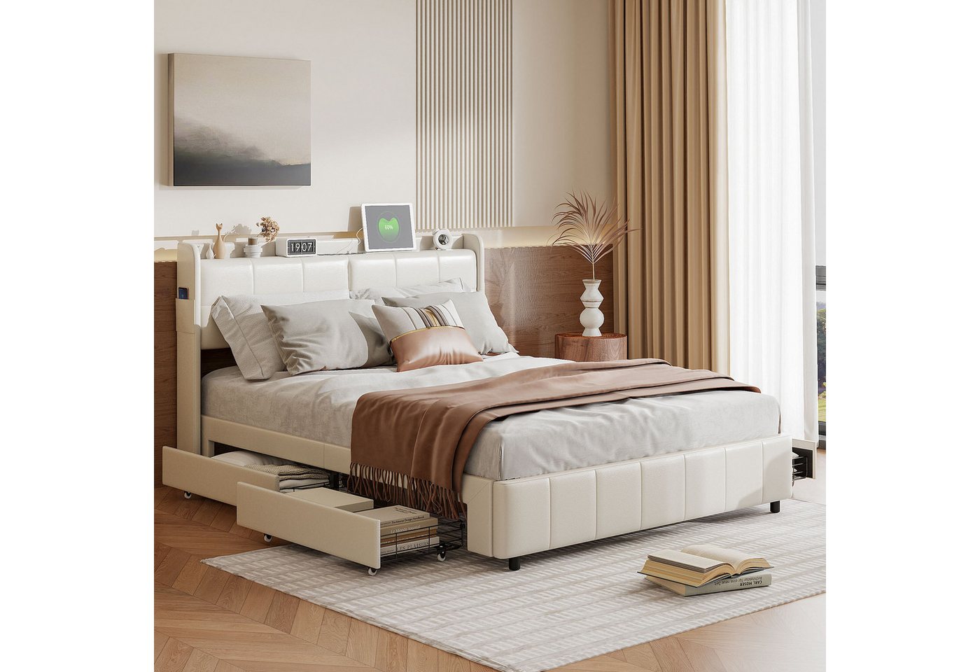 PXloue Polsterbett Doppelbett Stauraumbett, Mit 4 Schubladen,USB + TYPE-C Ladeschnittstelle,140x200 cm von PXloue