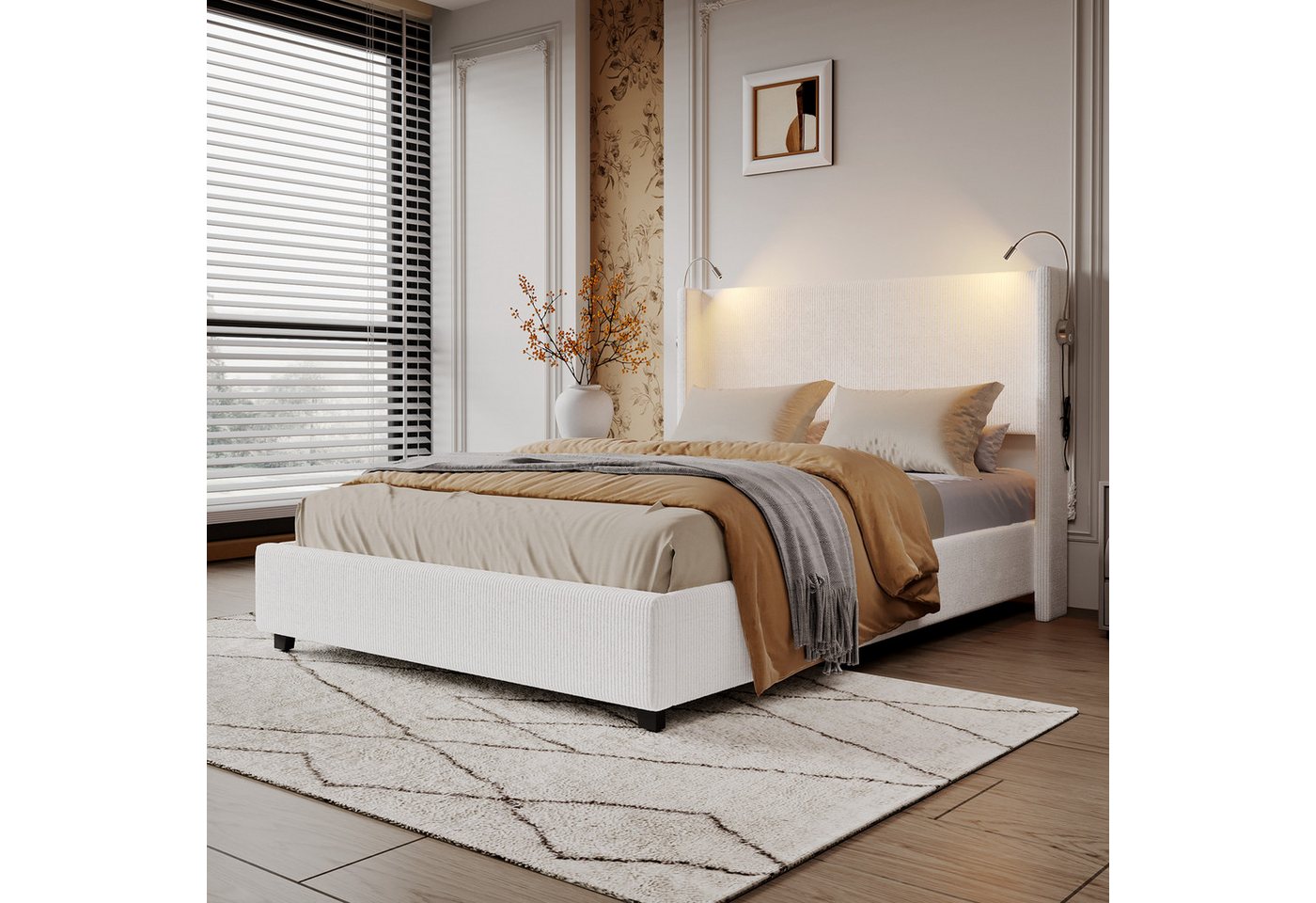 PXloue Polsterbett Doppelbett Stauraumbett 140x200 cm, mit 2 Leselicht und USB Ladefunktion, Cordstoff, 140x200 cm von PXloue